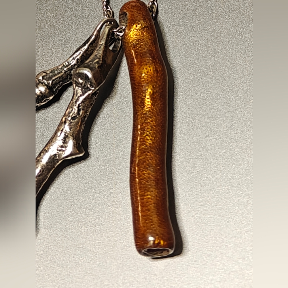 Handmade Oxidized Silver 925 & Gold Lacquer Coral Twig Branch Pendants Necklace - Picture 8 of 12